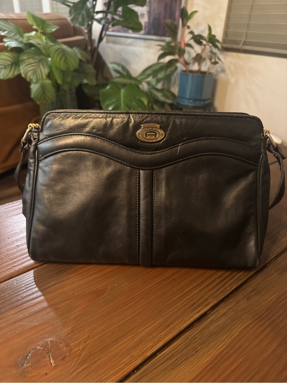 Etienne Aigner Black Leather Crossbody with Gold Tone Logo